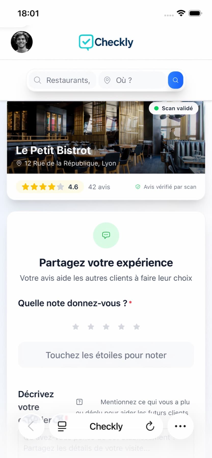 Dépôt d'avis Checkly sur mobile après scan validé