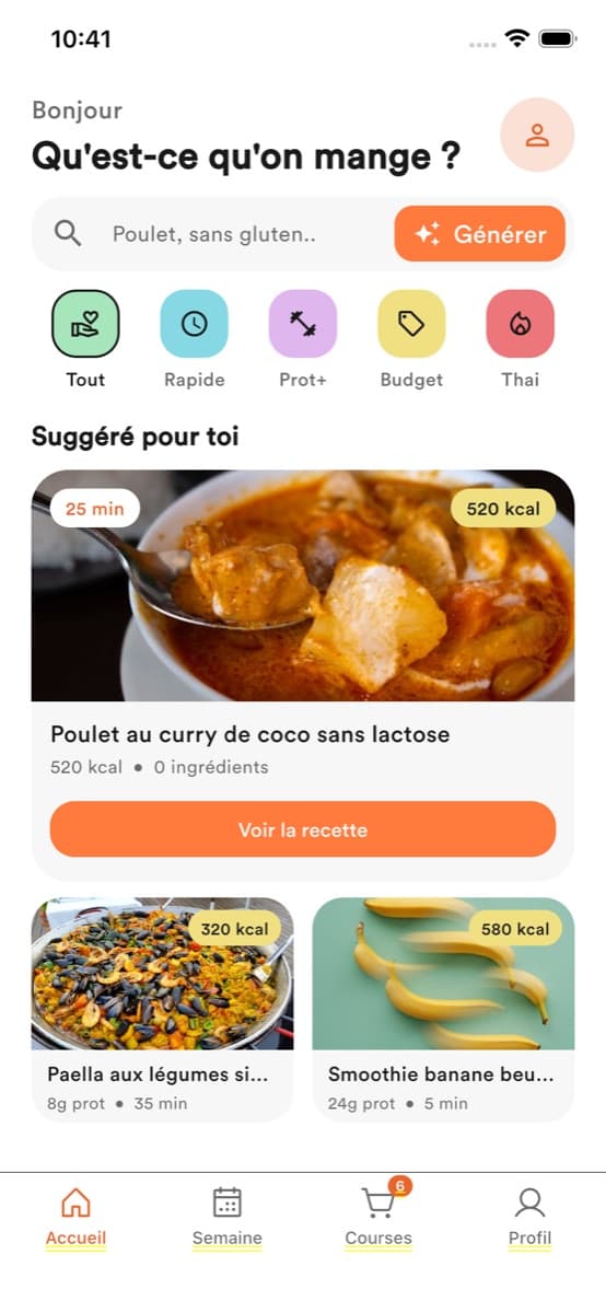 Page d'accueil de l'app Melo